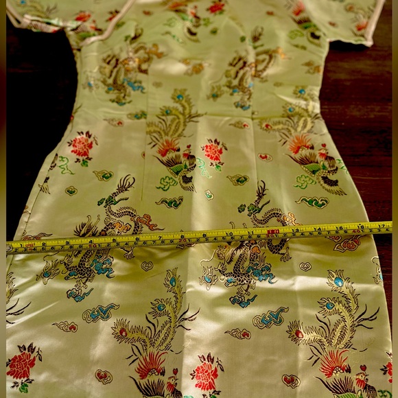 Oriental Gold Satin Dress Sz S  47” top of Shoulder to Bottom Hem - Picture 5 of 11